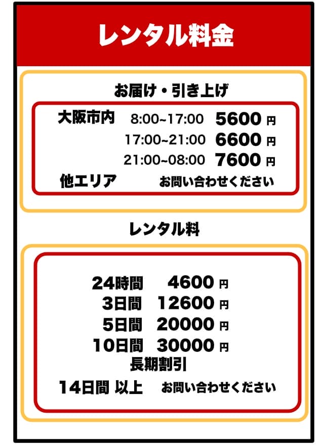 スクーターレンタル料金表の広告。大阪市内とその他のエリアで料金が異なる。レンタル期間は24時間から14日以上まで選択可能。